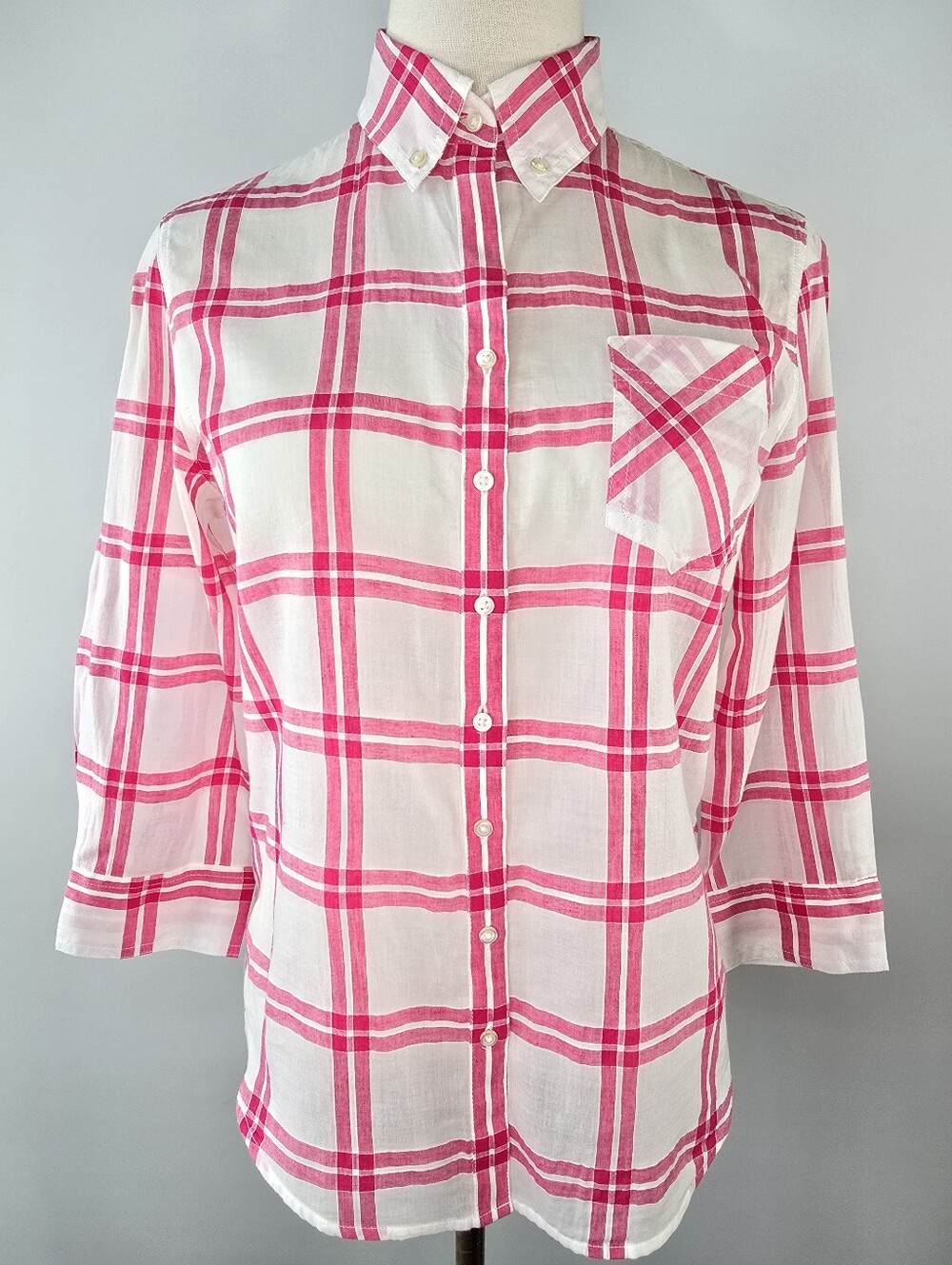 Banana Republic Pink White Plaid Cotton Linen Blend Woven Button Down Shirt XS